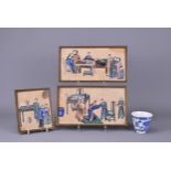 THREE FRAMED CHINESE RICE PAPER PAINTINGS AND A CHINESE PORCELAIN BLUE AND WHITE BEAKER, QING