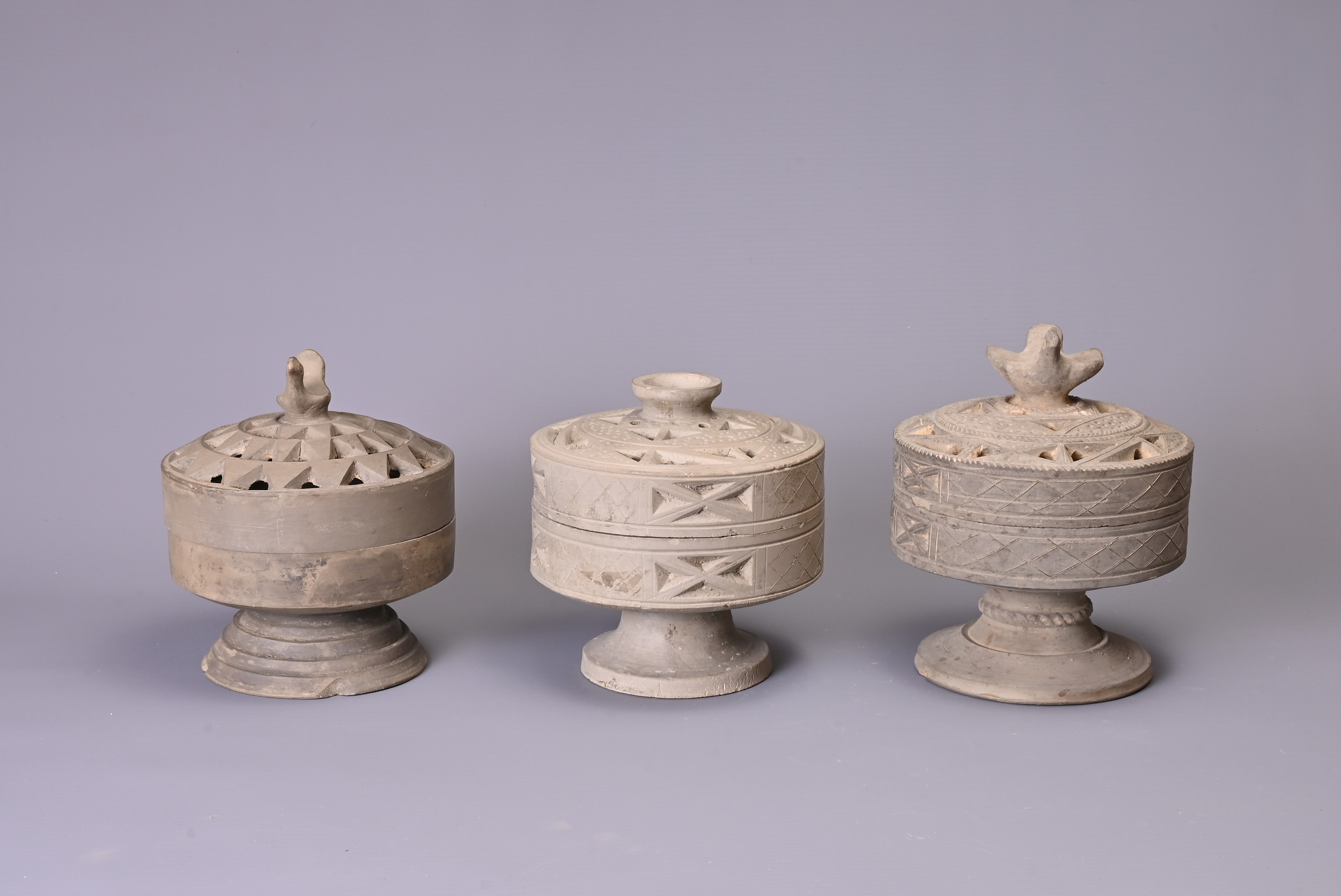 THREE CHINESE GREY POTTERY INCENSE BURNERS, HAN DYNASTY (206BC TO 220AD). Each of cylindrical form - Image 2 of 7