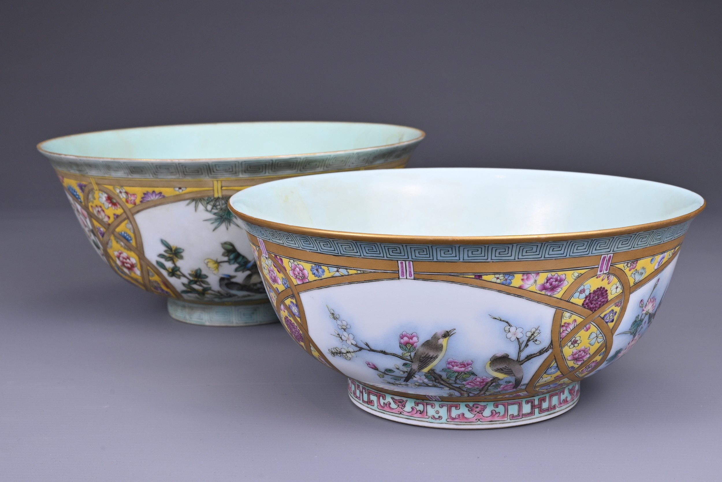 TWO CHINESE FAMILLE ROSE ENAMELLED YELLOW GROUND BOWLS, 20TH CENTURY. One with enamelled four - Image 7 of 7