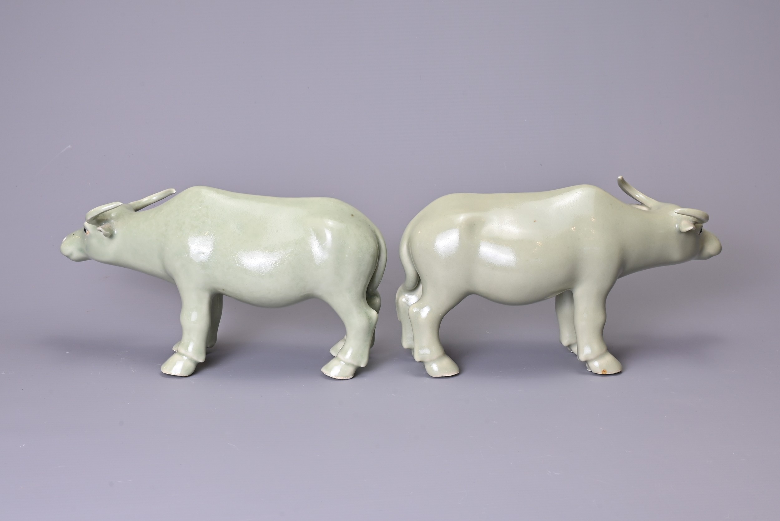 A PAIR OF CHINESE CELADON GLAZED PORCELAIN MODELS OF OX, 20th Century, approx. 21 cm long (2) - Image 3 of 5