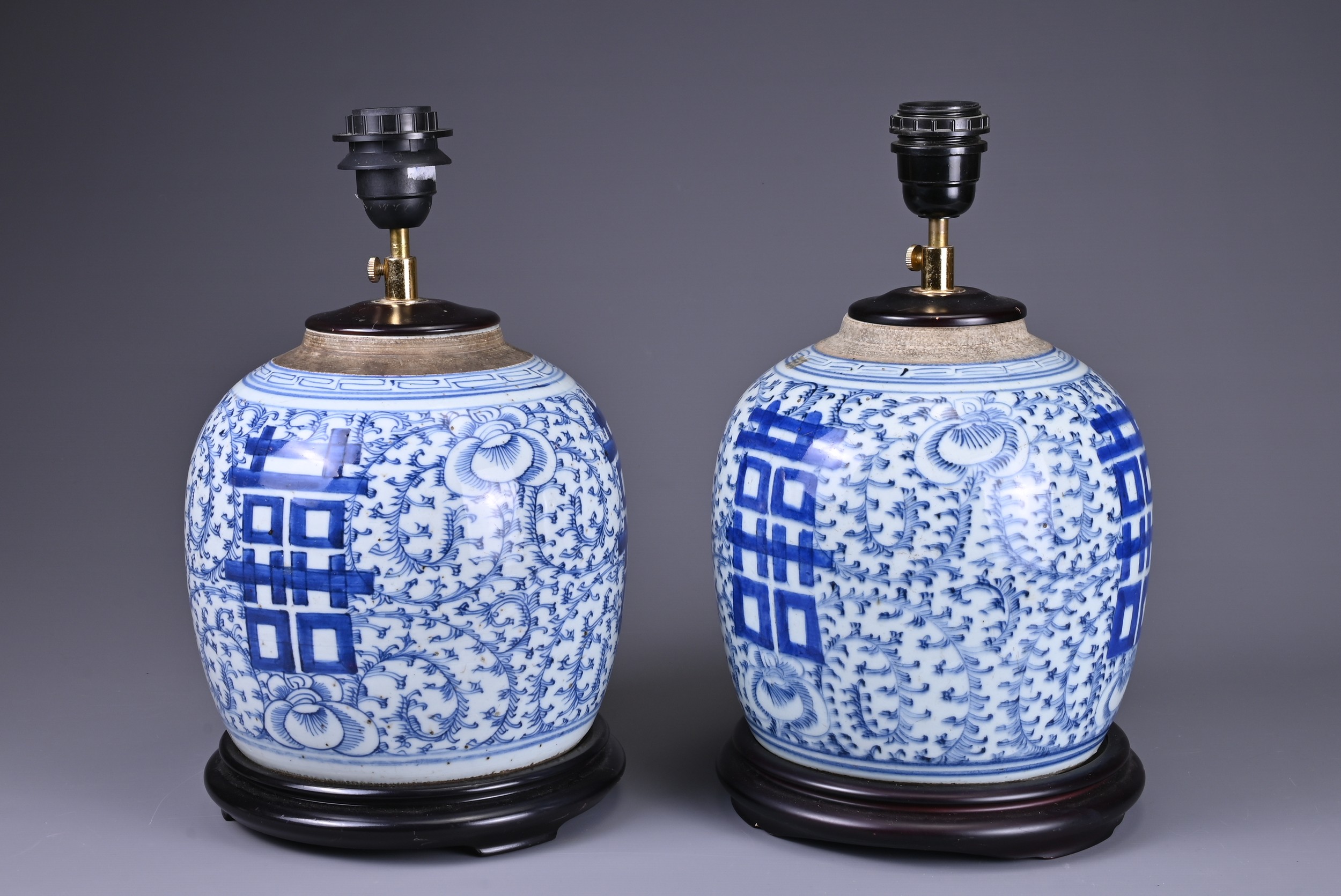 A PAIR OF 19TH CENTURY CHINESE PORCELAIN GINGER JARS MOUNTED AS LAMPS. Each decorated with scrolling - Image 3 of 5