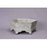 A CHINESE GEYAO CELADON GLAZED HEXAGONAL BRUSH WASHER. Raised on bracket feet. 20.5cm wide