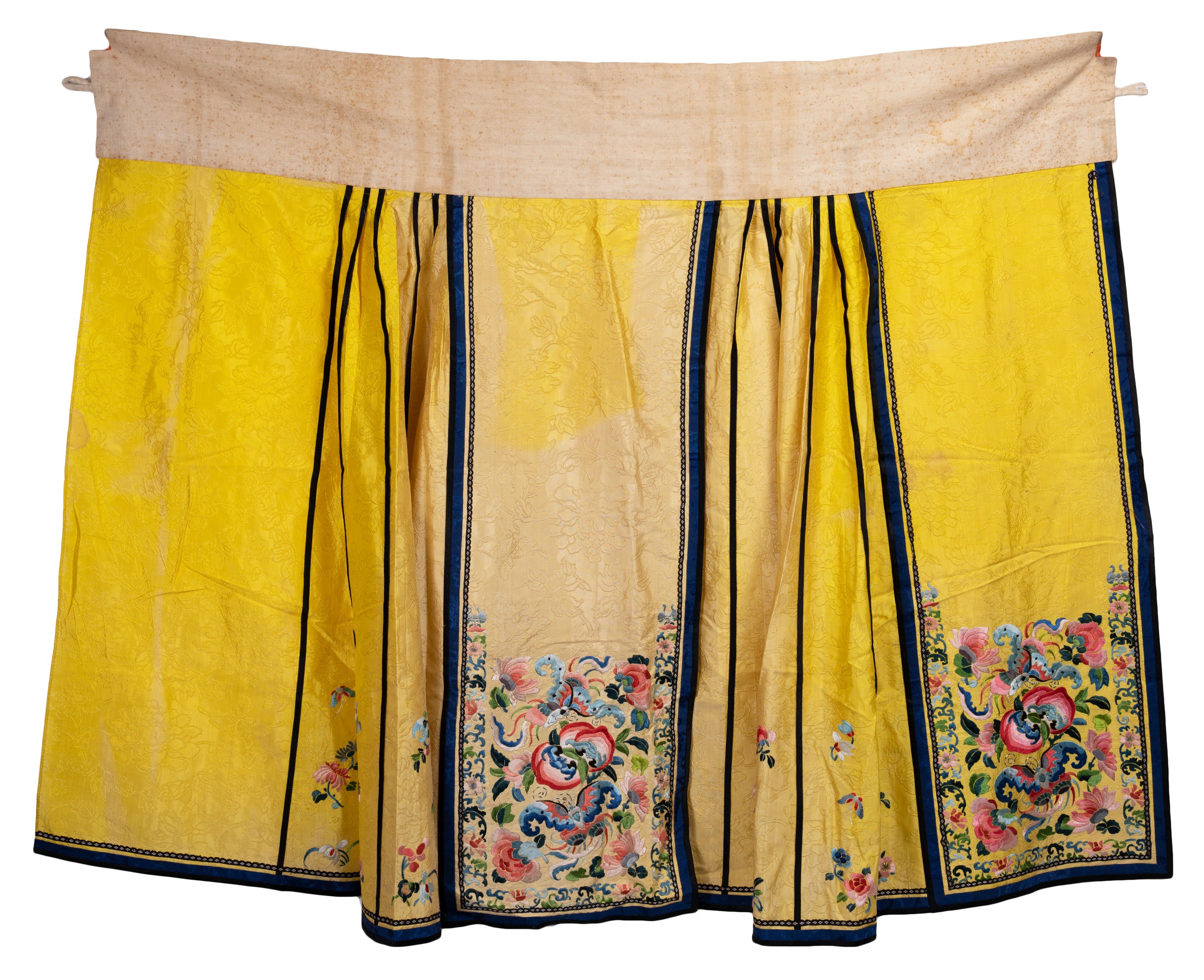 A CHINESE EMBROIDERED YELLOW DAMASK SILK SKIRT AND A PINK SILK PANEL FROM A SKIRT, LATE 19TH/EARLY - Image 2 of 5