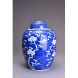 A CHINESE BLUE AND WHITE PORCELAIN JAR AND COVER, 19TH CENTURY. Of ovoid form with prunus