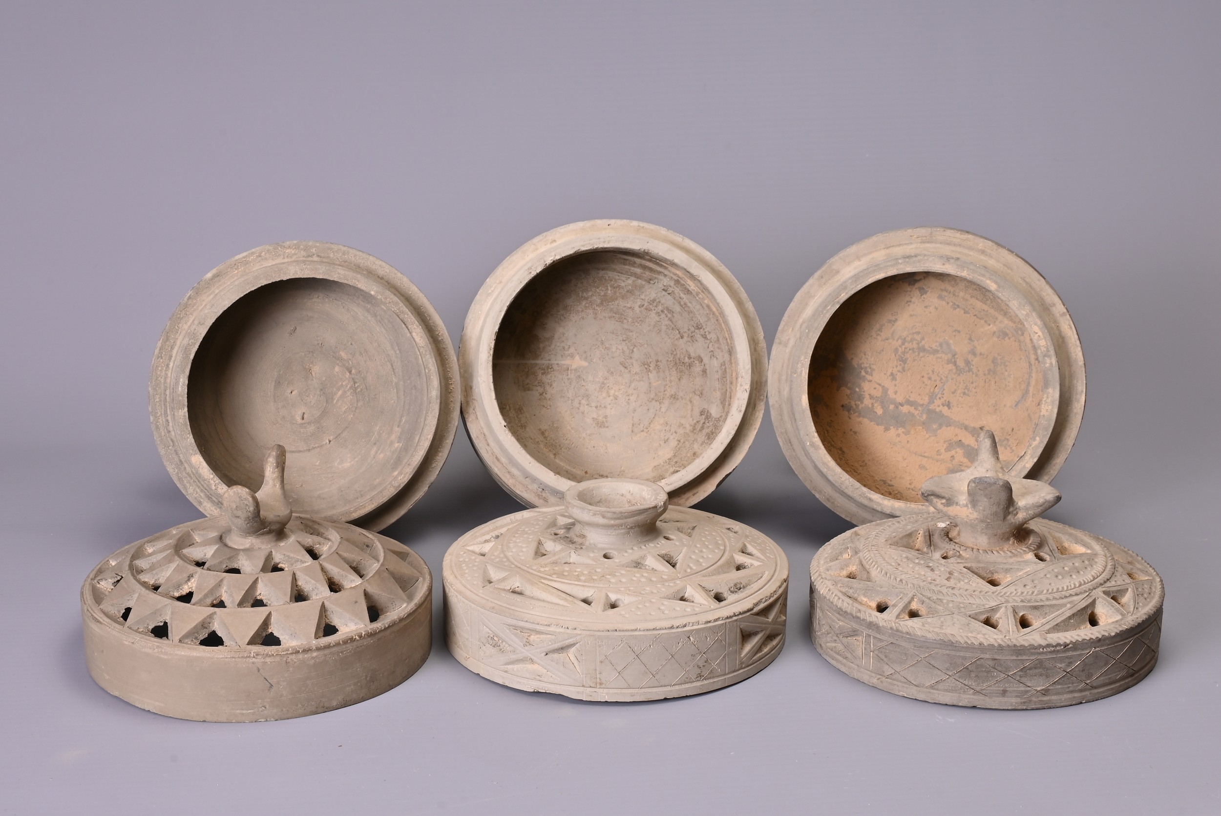 THREE CHINESE GREY POTTERY INCENSE BURNERS, HAN DYNASTY (206BC TO 220AD). Each of cylindrical form - Image 5 of 7