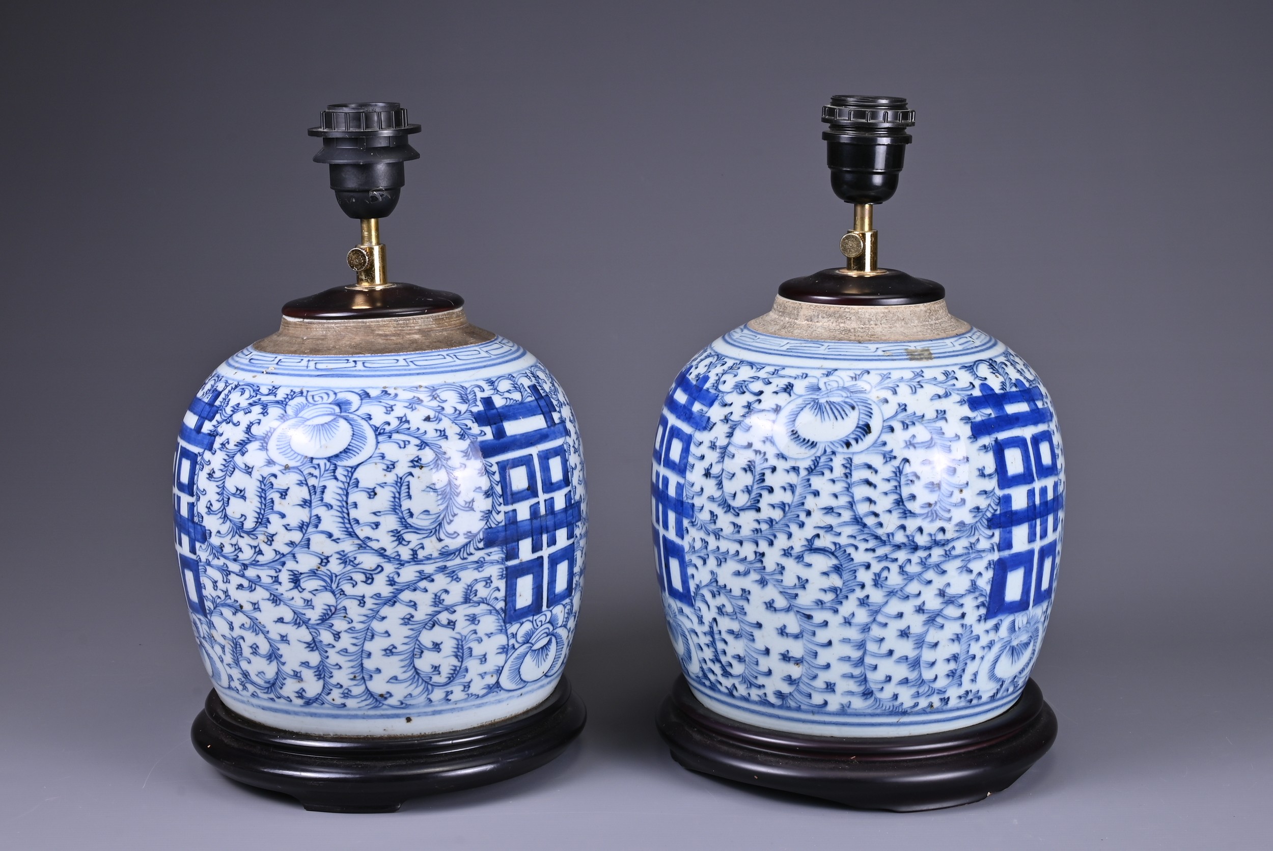 A PAIR OF 19TH CENTURY CHINESE PORCELAIN GINGER JARS MOUNTED AS LAMPS. Each decorated with scrolling - Image 2 of 5