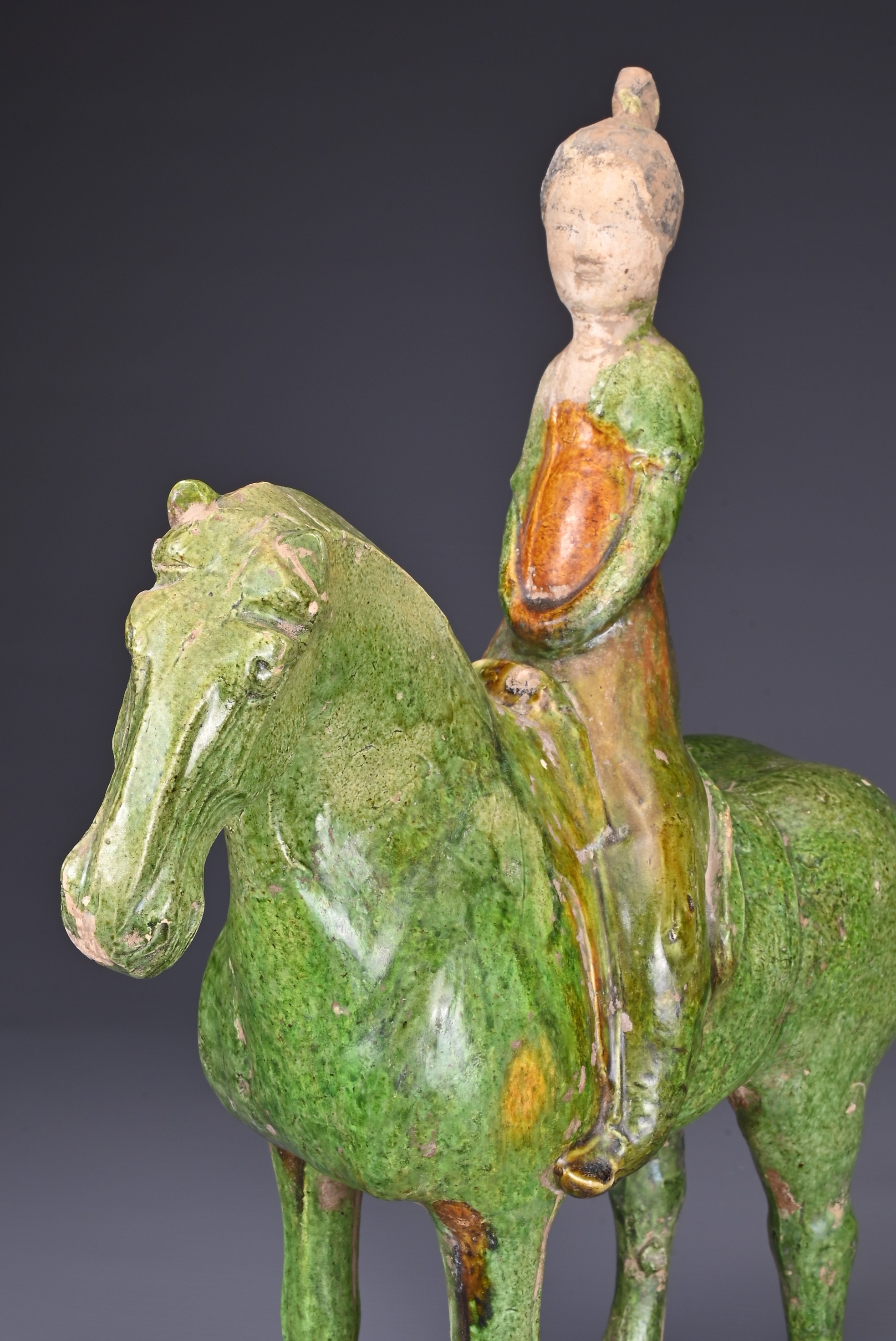 A CHINESE SANCAI GLAZED POTTERY MODEL OF A HORSE AND FEMALE RIDER, TL TESTED, TANG DYNASTY (AD 618- - Image 7 of 8