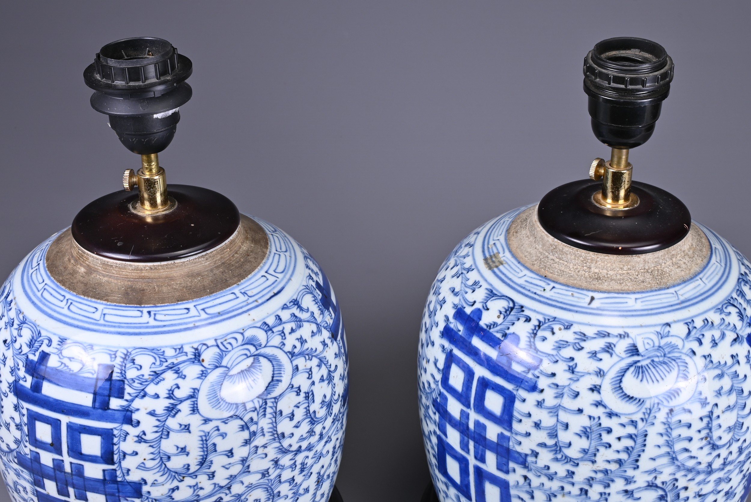 A PAIR OF 19TH CENTURY CHINESE PORCELAIN GINGER JARS MOUNTED AS LAMPS. Each decorated with scrolling - Image 4 of 5