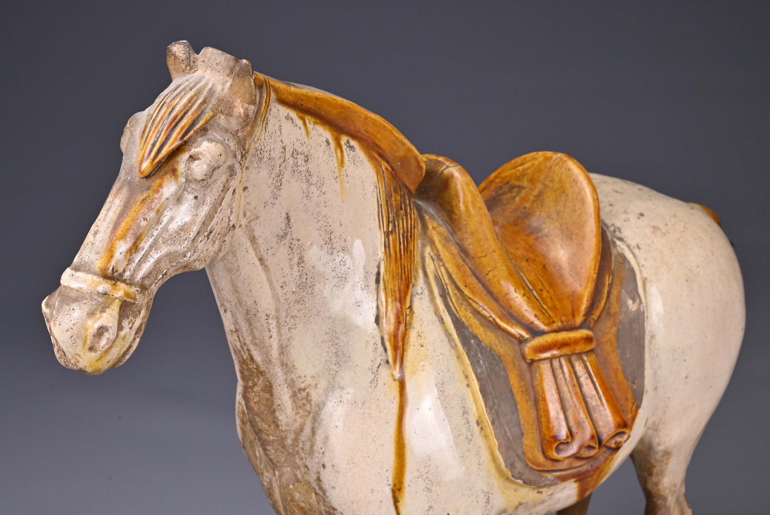 A CHINESE SANCAI GLAZED POTTERY MODEL OF A HORSE, TANG DYNASTY (AD 618-907). Modelled standing - Image 5 of 7