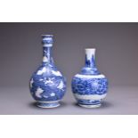 TWO CHINESE BLUE AND WHITE PORCELAIN VASES, 18/19TH CENTURY. An 18th century garlic-head bottle vase