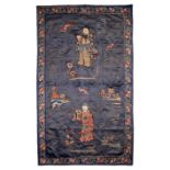 A CHINESE BLUE GROUND SILK EMBROIDERED PANEL, LATE QING DYNASTY