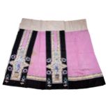 A CHINESE EMBROIDERED PINK DAMASK SILK SKIRT IN THREE PARTS, LATE 19TH/EARLY 20TH CENTURY. The