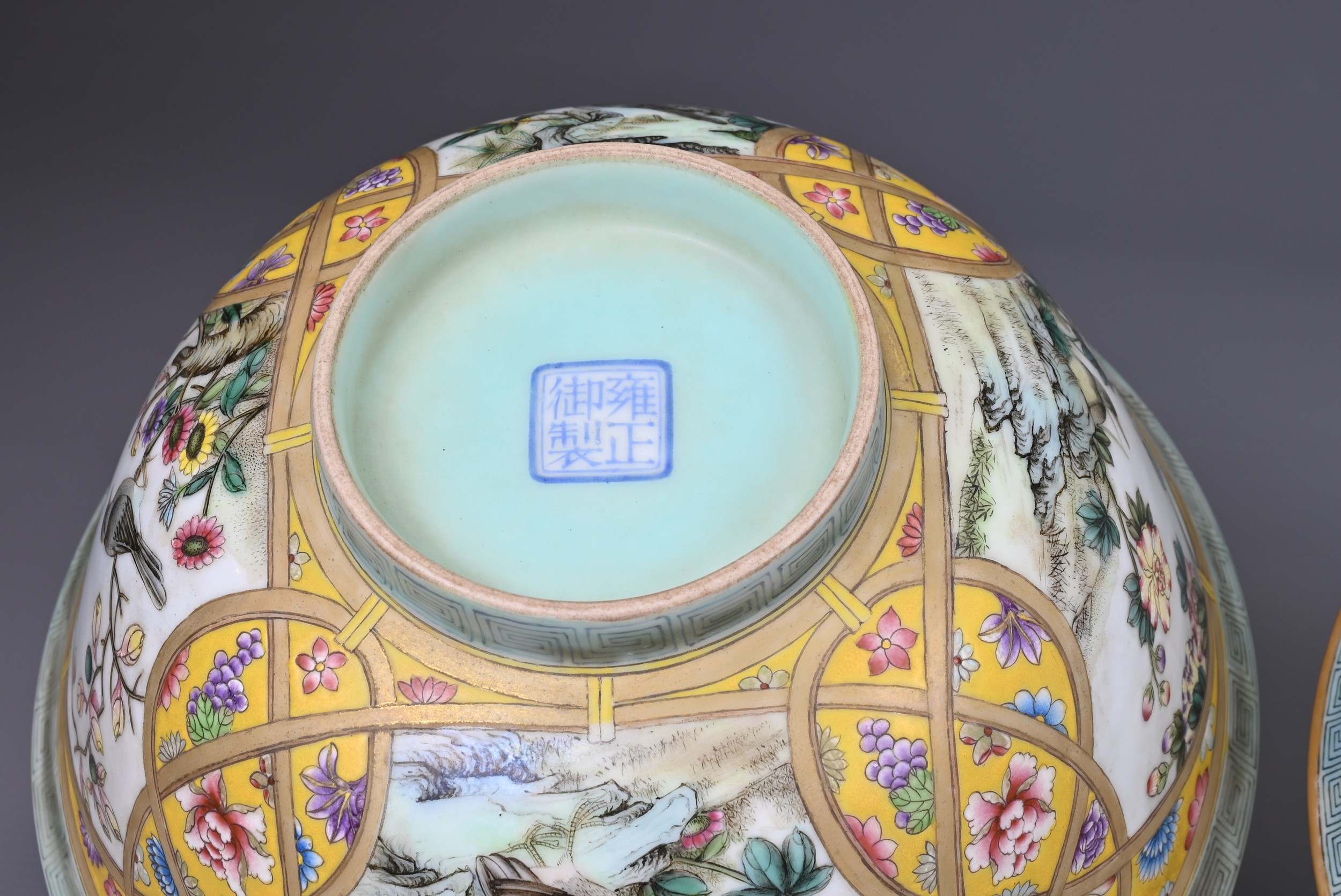 TWO CHINESE FAMILLE ROSE ENAMELLED YELLOW GROUND BOWLS, 20TH CENTURY. One with enamelled four - Image 5 of 7