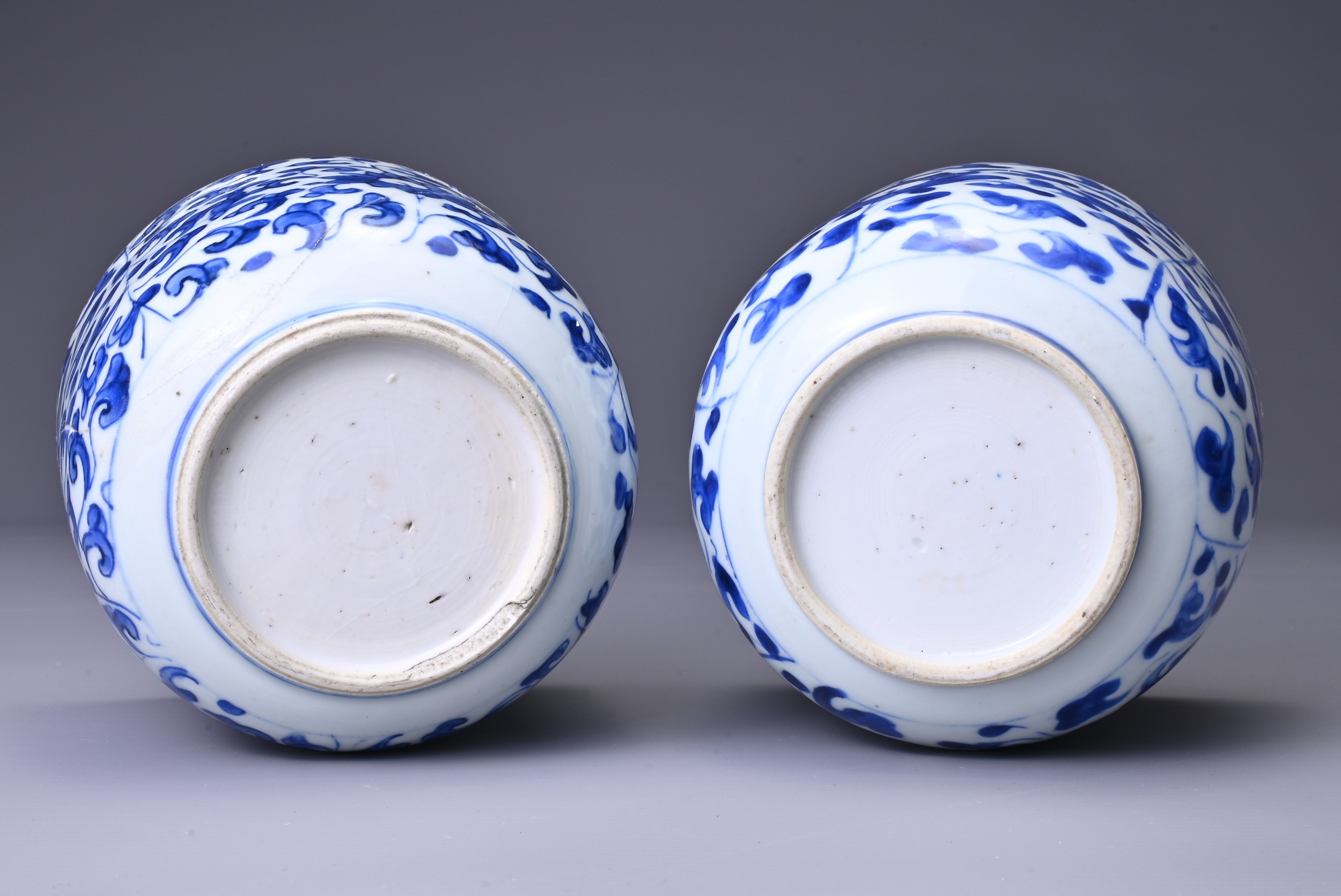 TWO CHINESE BLUE AND WHITE PORCELAIN JARS, 18TH CENTURY. Each with continuous floral scroll - Image 4 of 6