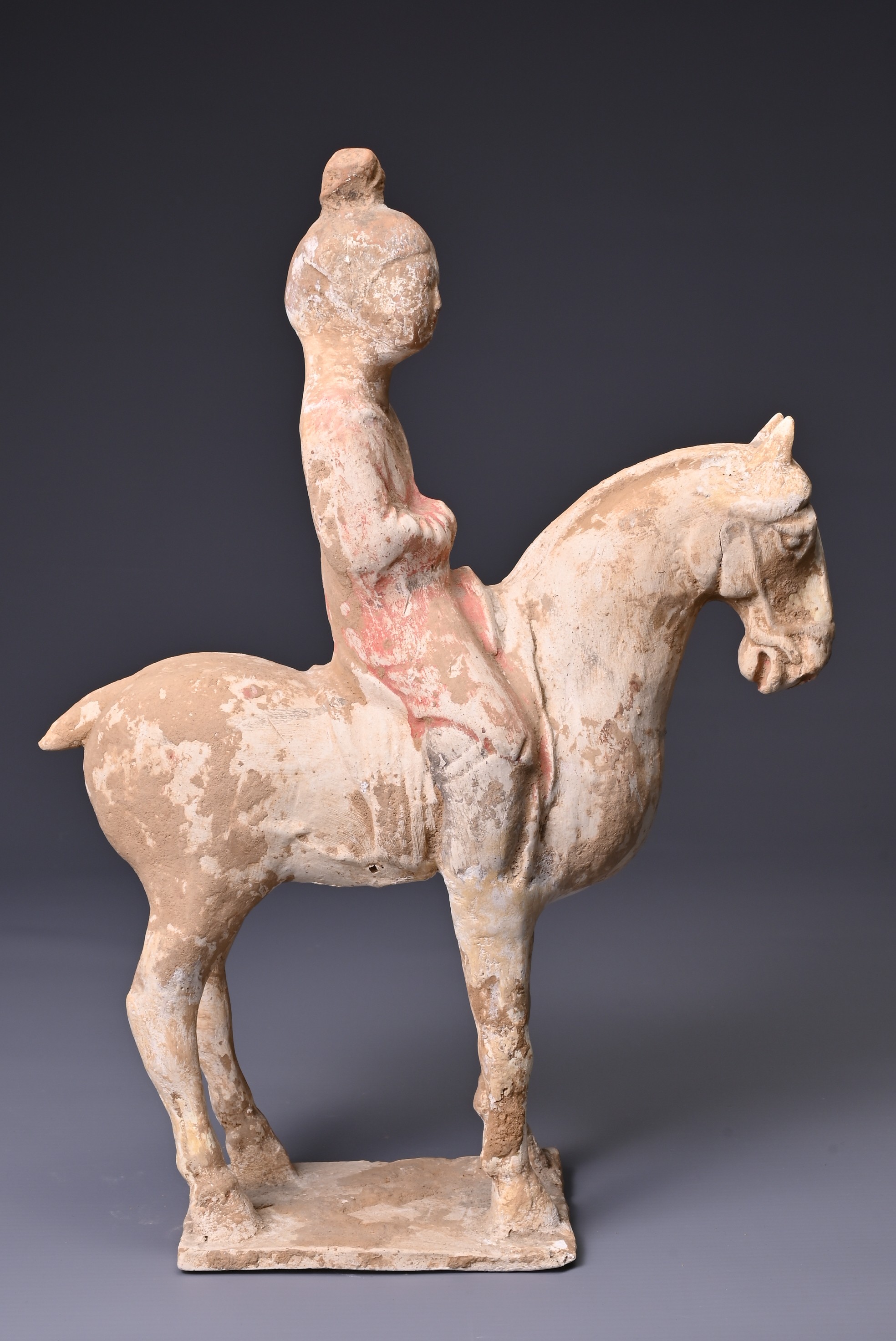 A CHINESE PAINTED POTTERY HORSE AND FEMALE RIDER, TANG DYNASTY (AD 618-907). The horse standing - Image 4 of 6