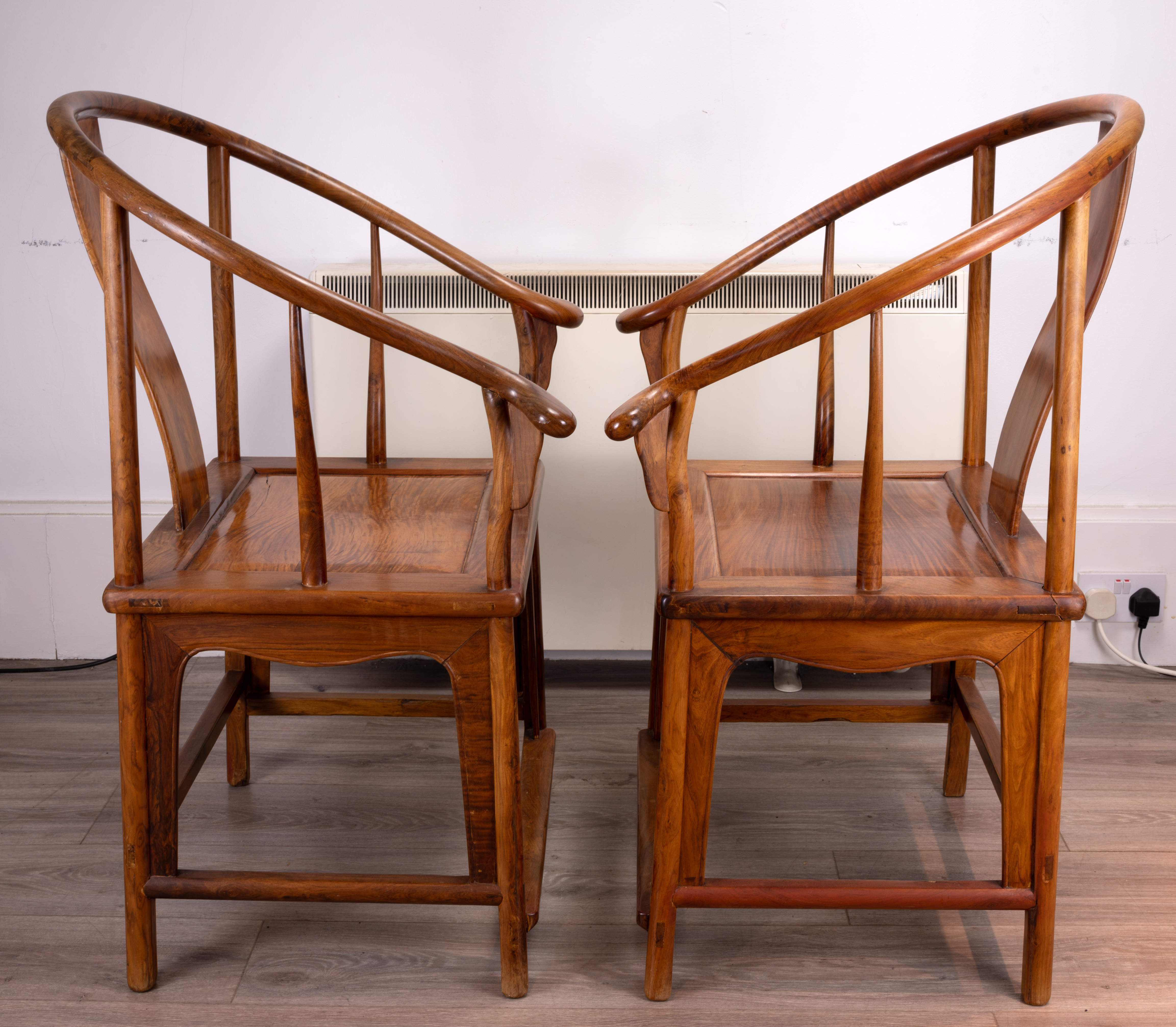 A PAIR OF CHINESE HUANGHUALI HORSESHOE BACK ARMCHAIRS, QUANYI, 20TH CENTURY. A curved top rail of - Image 10 of 11