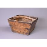 CHINESE 19TH/20TH CENTURY SQUARE-FORM RICE GRAIN BUCKET, with central handle and metal fittings.
