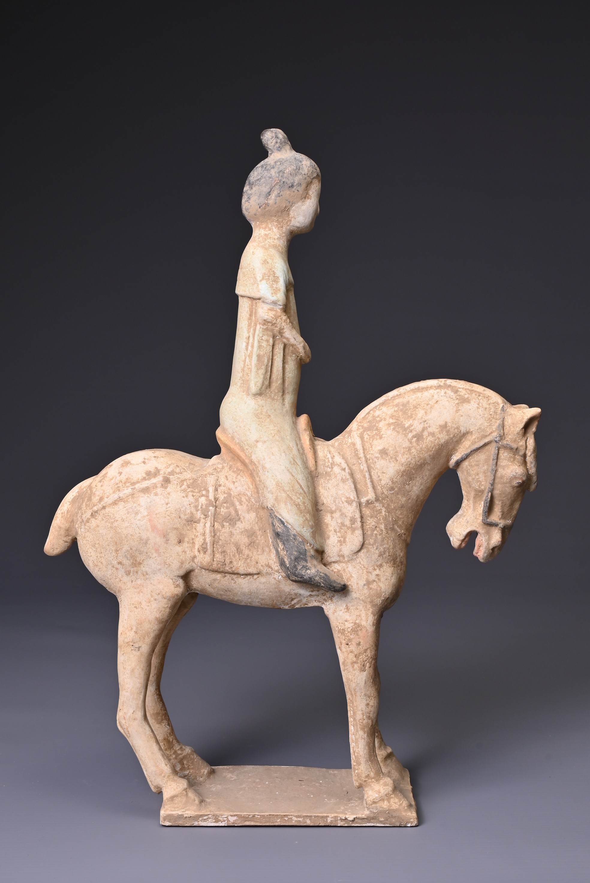 A CHINESE PAINTED POTTERY HORSE AND FEMALE RIDER, TANG DYNASTY (AD 618- 907). The horse standing - Image 4 of 6
