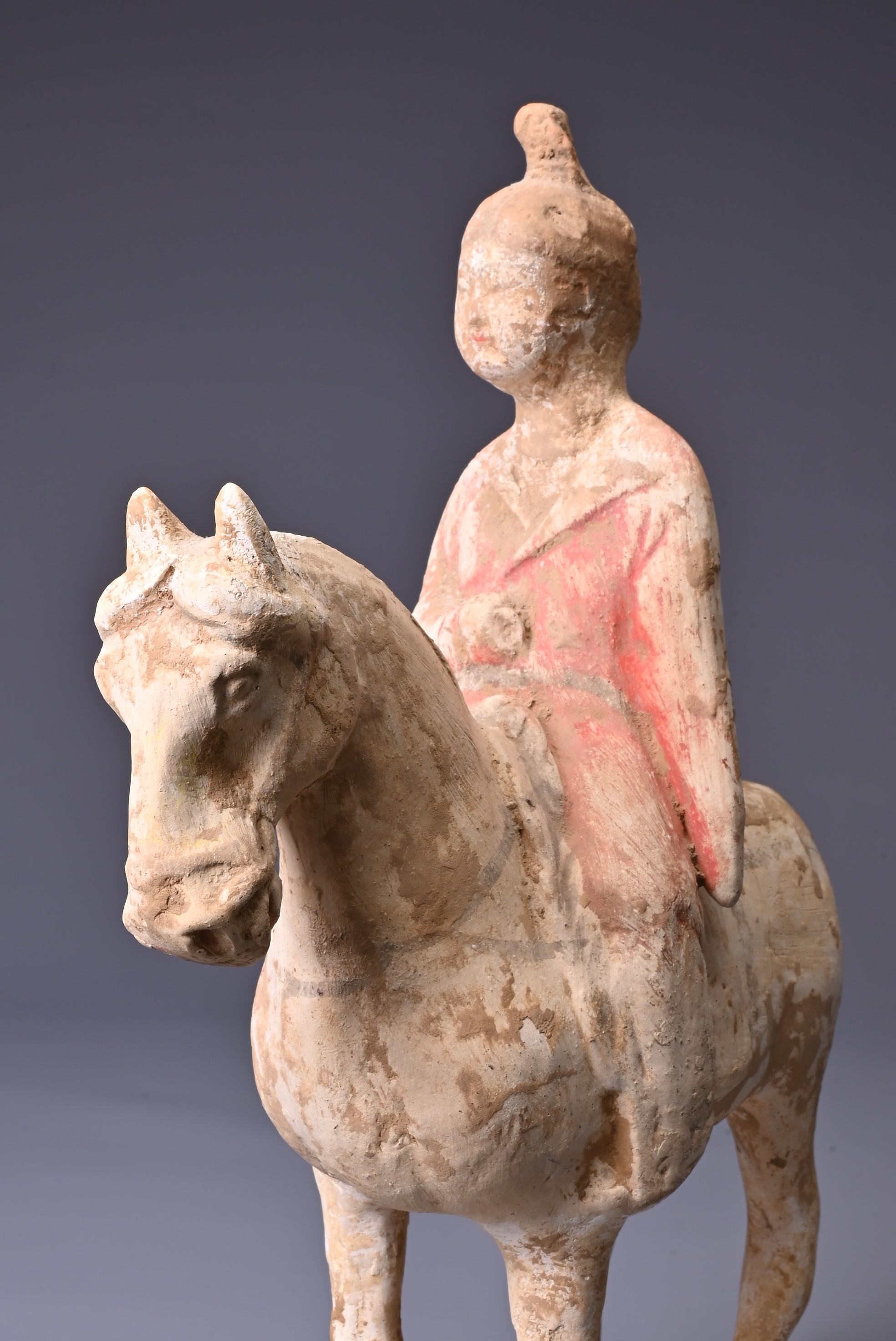 A CHINESE PAINTED POTTERY HORSE AND FEMALE RIDER, TANG DYNASTY (AD 618-907). The horse standing - Image 5 of 6