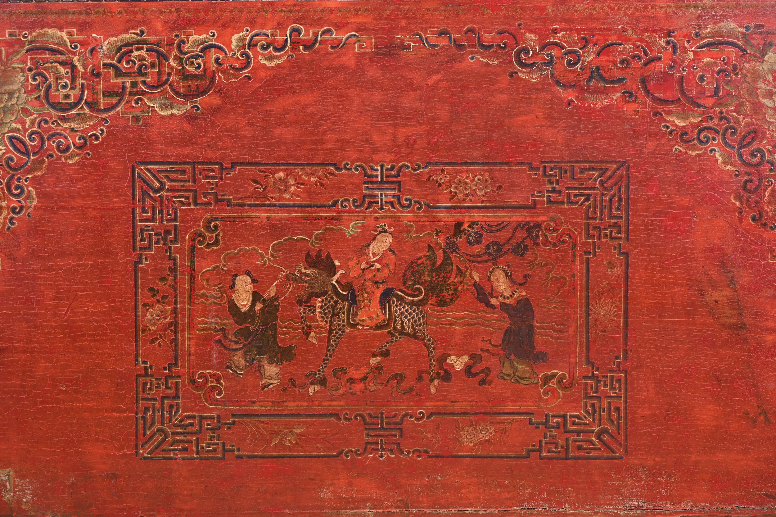 A LARGE CHINESE TIBETAN PAINTED RED AND BLACK LACQUER STORAGE CHEST, 19TH CENTURY. Or rectangular - Image 3 of 10