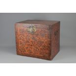 A CHINESE LACQUER PENWORK WOODEN TEA CHEST, MID-19TH CENTURY. Of rectangular form, in red lacquer