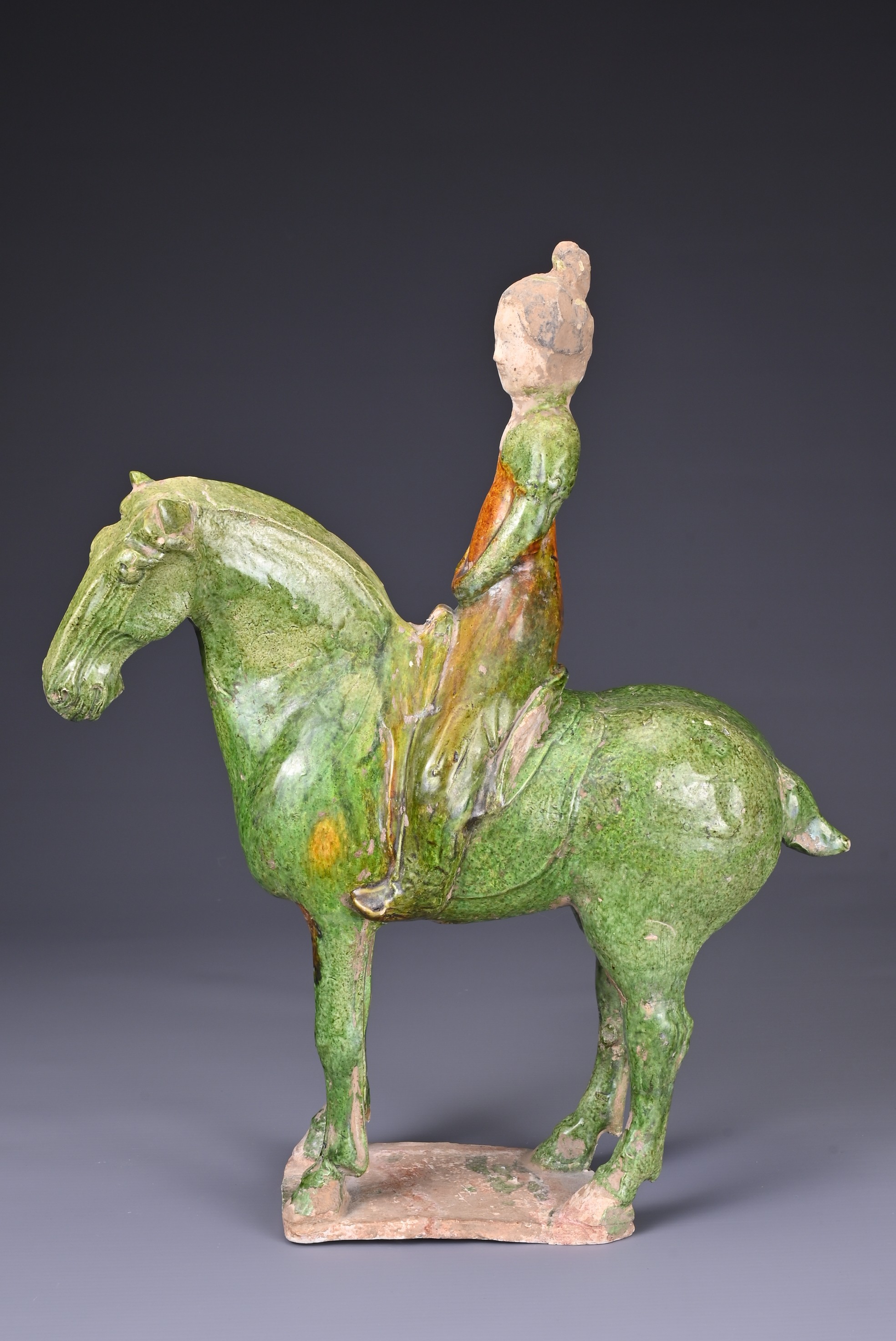 A CHINESE SANCAI GLAZED POTTERY MODEL OF A HORSE AND FEMALE RIDER, TL TESTED, TANG DYNASTY (AD 618- - Image 3 of 8