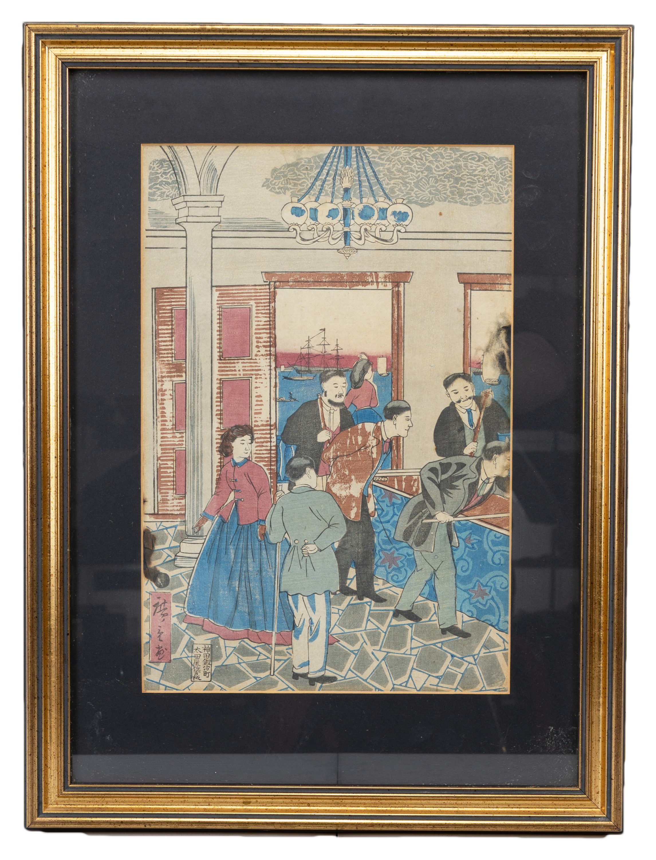 A LATE 19TH CENTURY JAPANESE FRAMED WOODCUT. Ink and colours on paper, depicting a group of