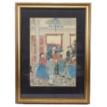 A LATE 19TH CENTURY JAPANESE FRAMED WOODCUT. Ink and colours on paper, depicting a group of