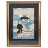 A FRAMED LATE 19TH CENTURY JAPANESE WOODCUT DEPICTING A COUPLE. Ink and colours on paper, depicted