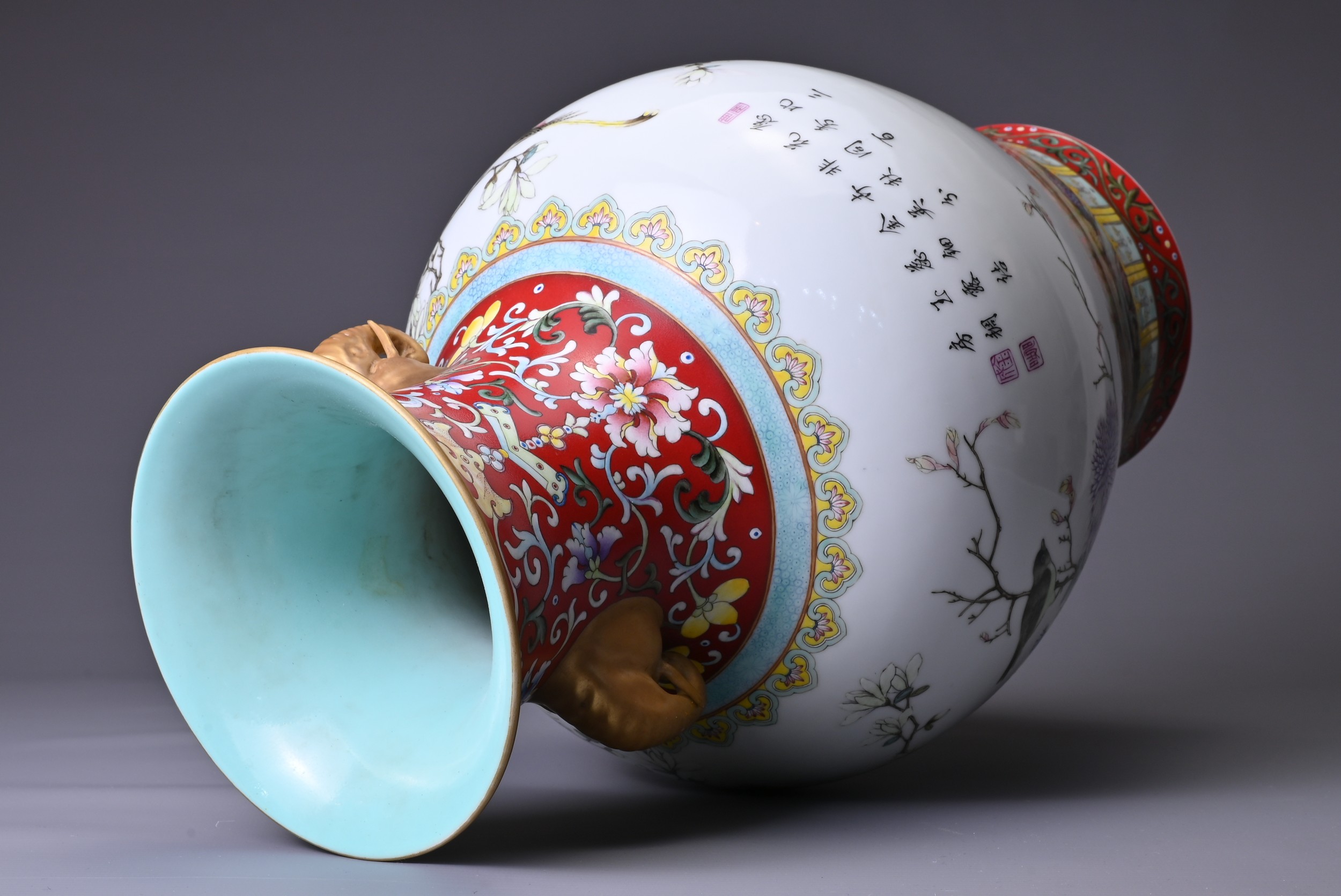 A CHINESE PORCELAIN FAMILLE ROSE RED-GROUND IMPERIAL-STYLE BALUSTER VASE, 20TH CENTURY. With - Image 8 of 9