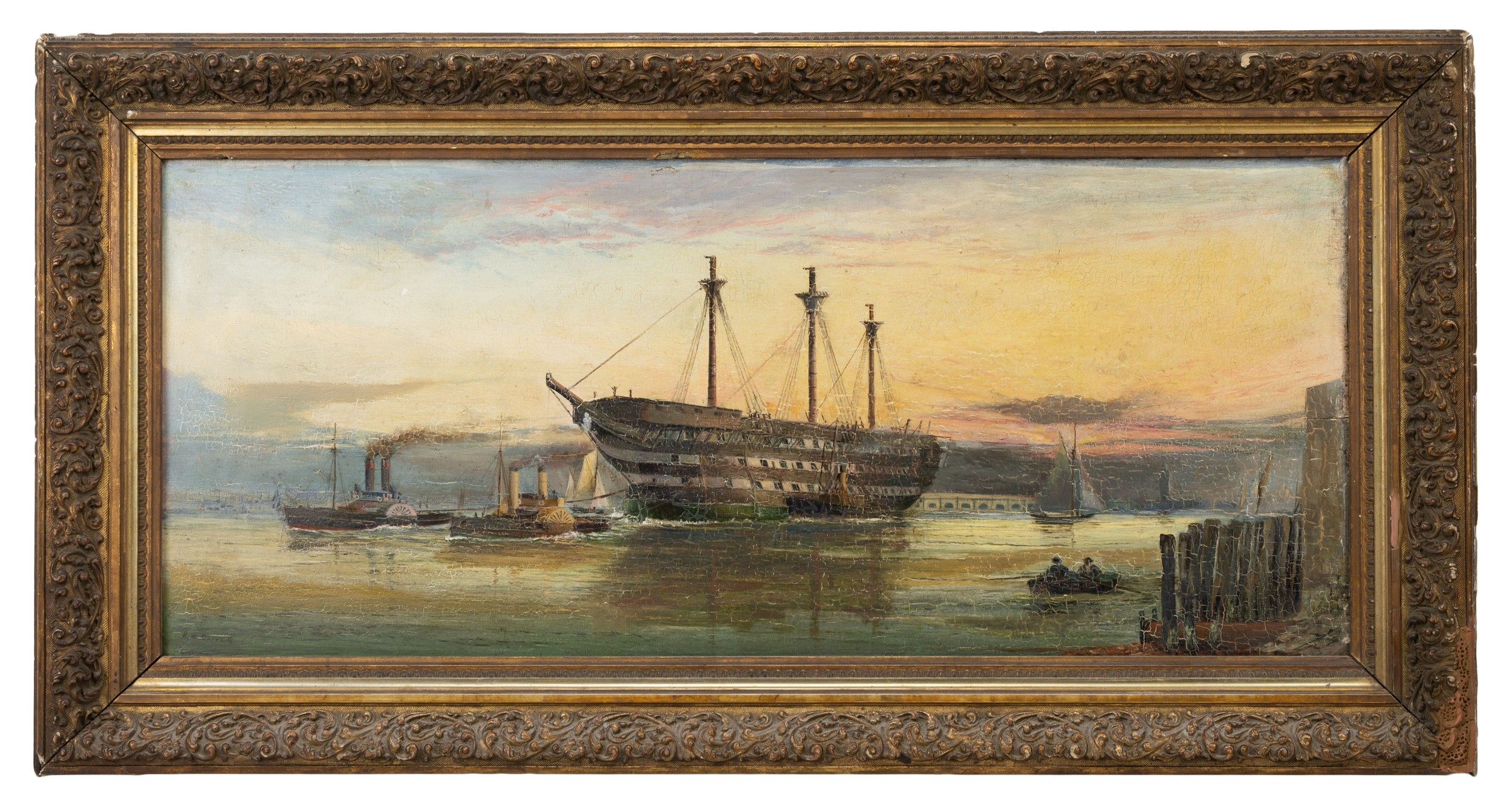 A FRAMED LATE 19TH SCHOOL, Maritime, oil on board. Probably depicting the final voyage of H.M.S. The