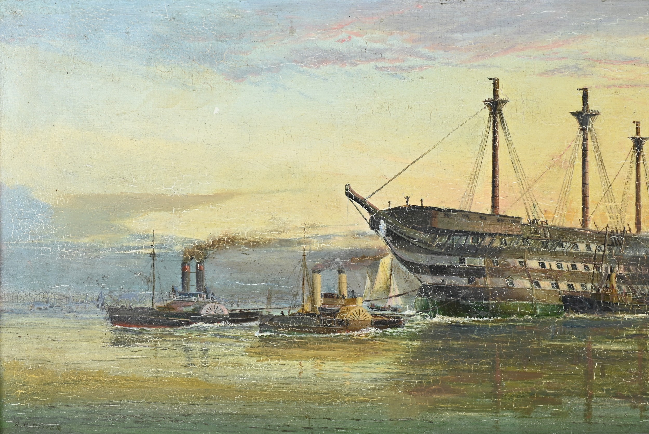 A FRAMED LATE 19TH SCHOOL, Maritime, oil on board. Probably depicting the final voyage of H.M.S. The - Image 3 of 6