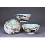 THREE CHINESE PORCELAIN BOWLS ENAMELLED WITH RABBITS, 20TH CENTURY. Each with apocryphal