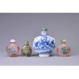 FOUR CHINESE SNUFF BOTTLES, 19/20TH CENTURY. To include a large blue and white porcelain bottle of