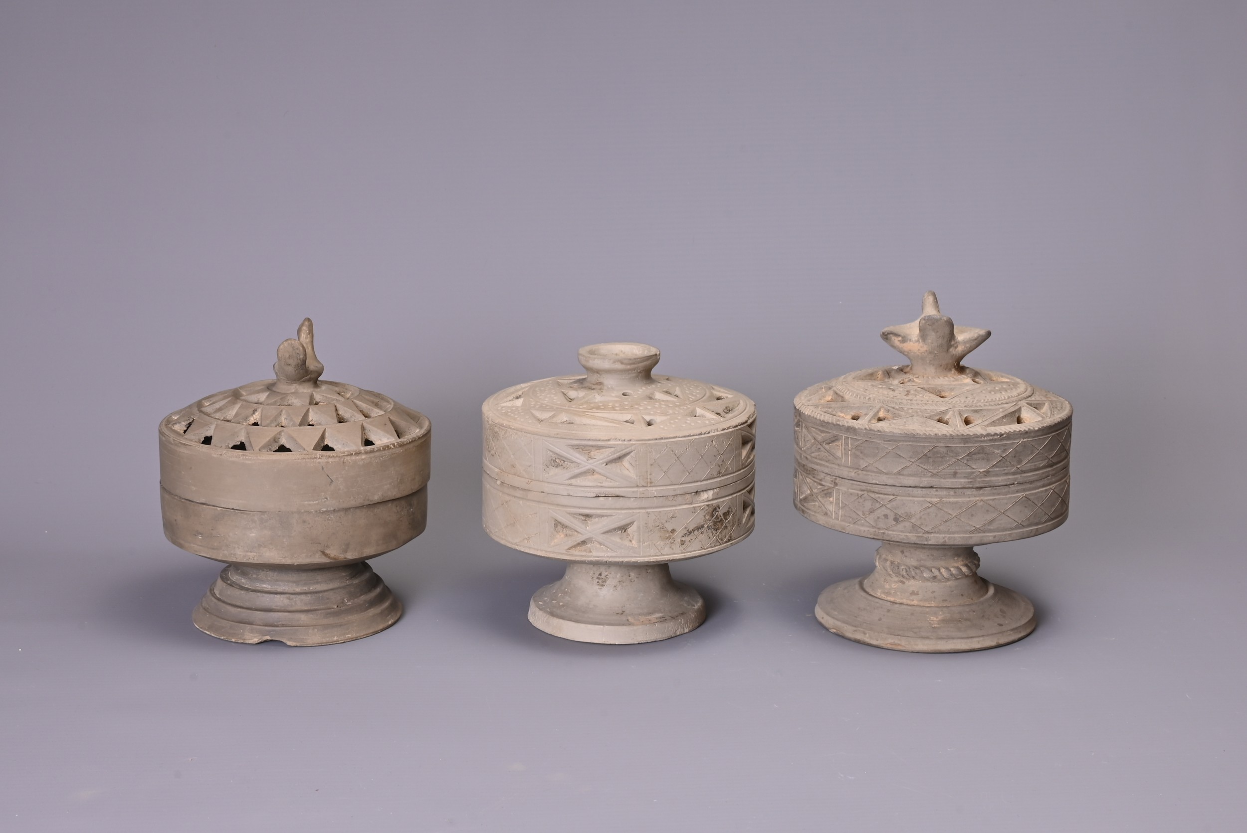 THREE CHINESE GREY POTTERY INCENSE BURNERS, HAN DYNASTY (206BC TO 220AD). Each of cylindrical form - Image 4 of 7