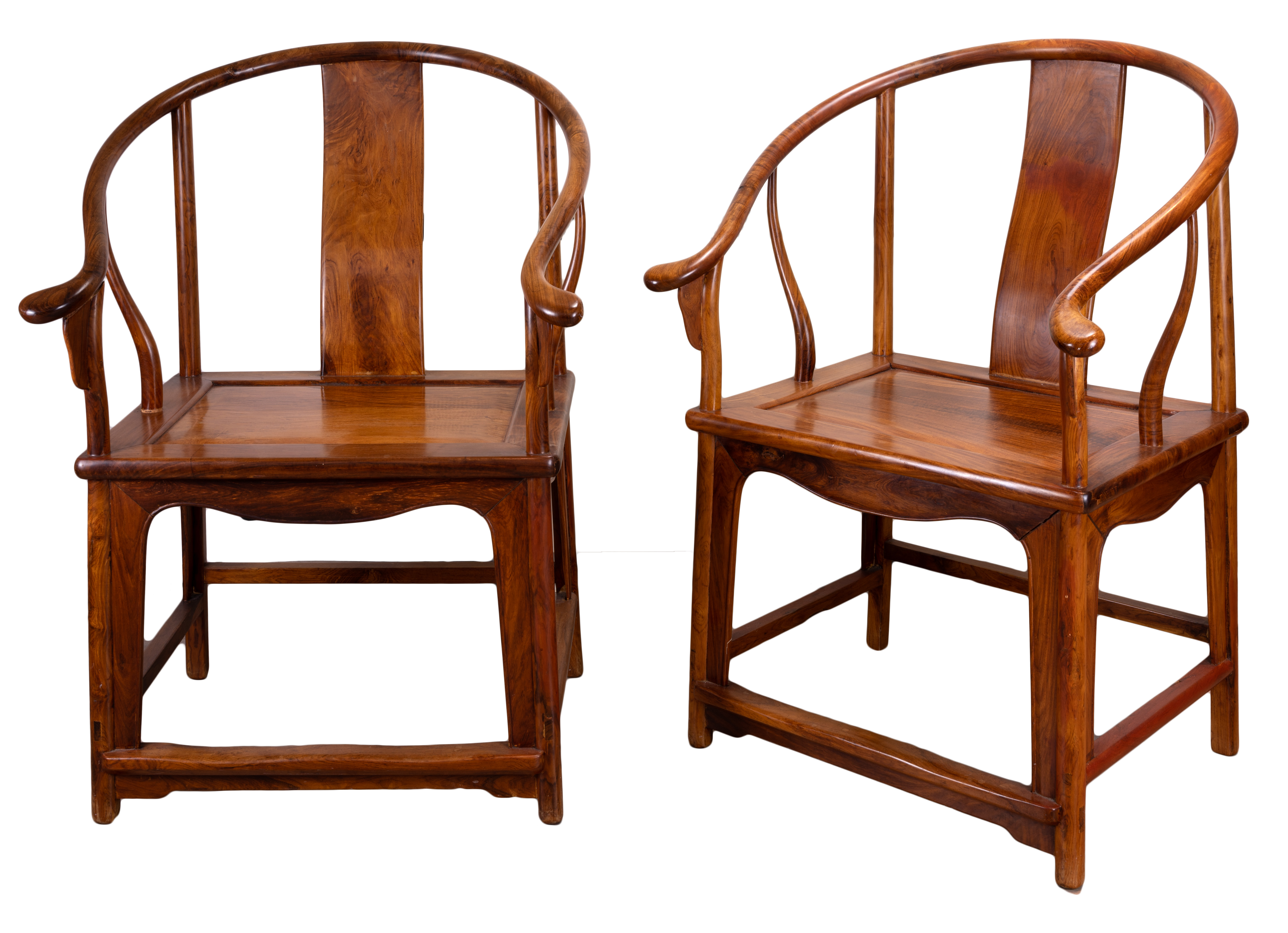 A PAIR OF CHINESE HUANGHUALI HORSESHOE BACK ARMCHAIRS, QUANYI, 20TH CENTURY. A curved top rail of