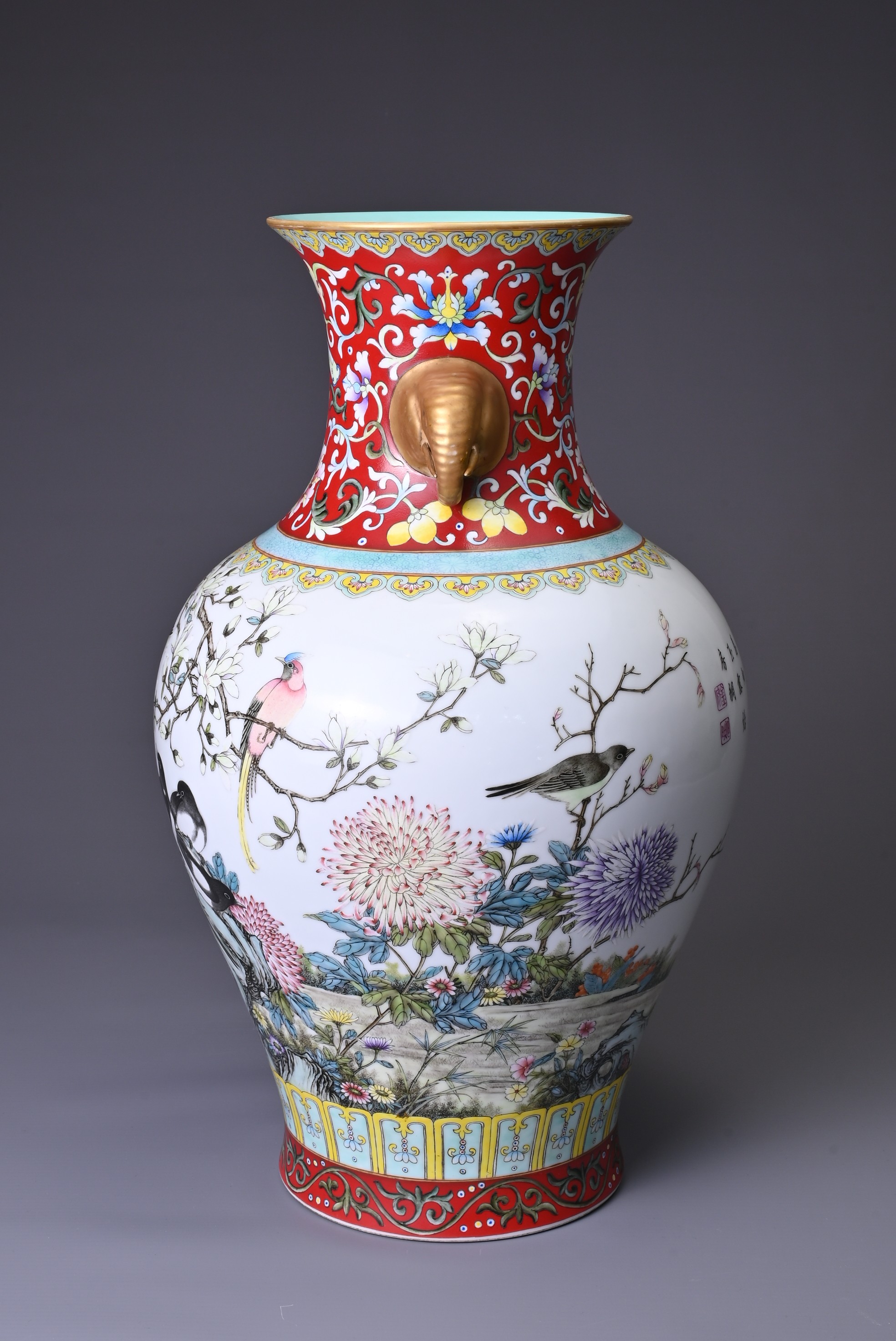 A CHINESE PORCELAIN FAMILLE ROSE RED-GROUND IMPERIAL-STYLE BALUSTER VASE, 20TH CENTURY. With - Image 3 of 9