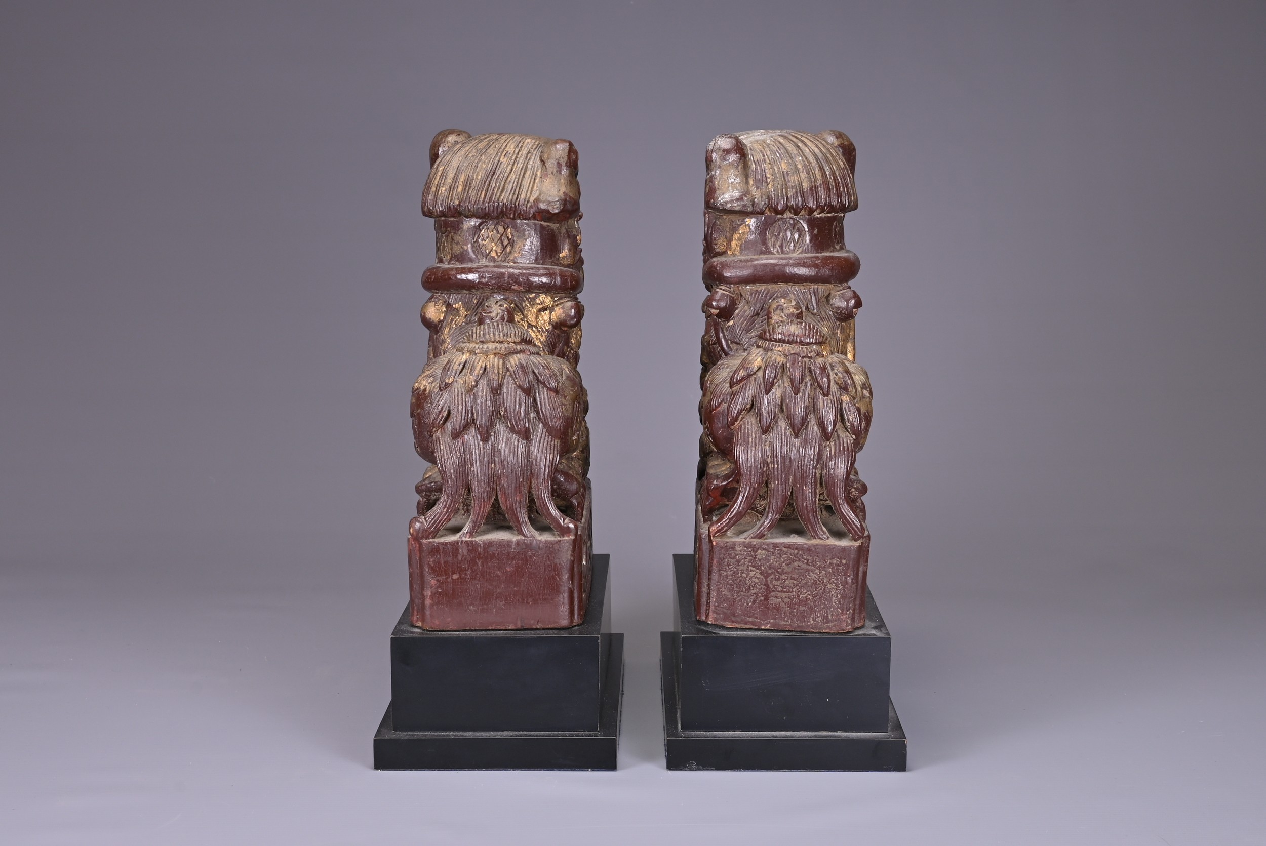 A PAIR OF CHINESE LACQUERED LION DOGS, 19/20TH CENTURY. Seated with its paw on a 'pierced ball', the - Image 4 of 5