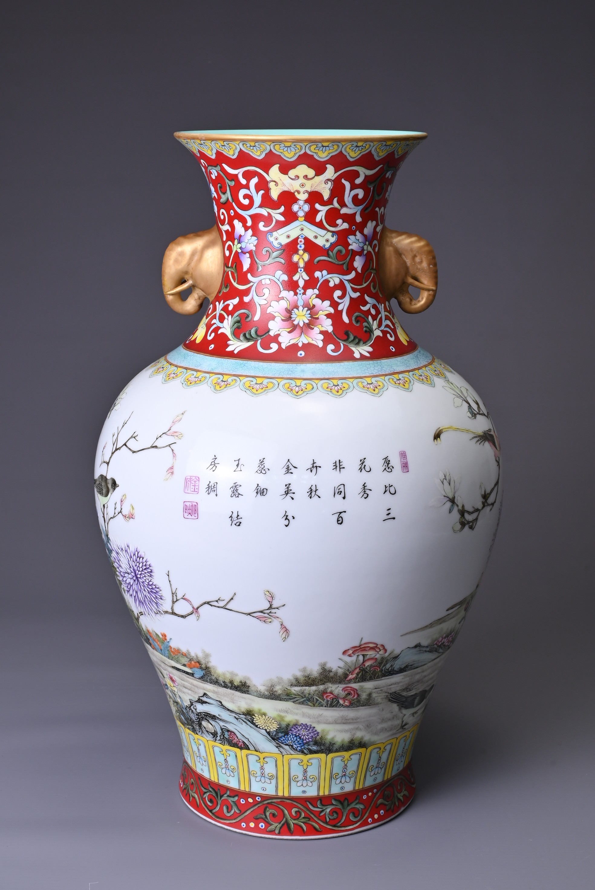 A CHINESE PORCELAIN FAMILLE ROSE RED-GROUND IMPERIAL-STYLE BALUSTER VASE, 20TH CENTURY. With - Image 4 of 9
