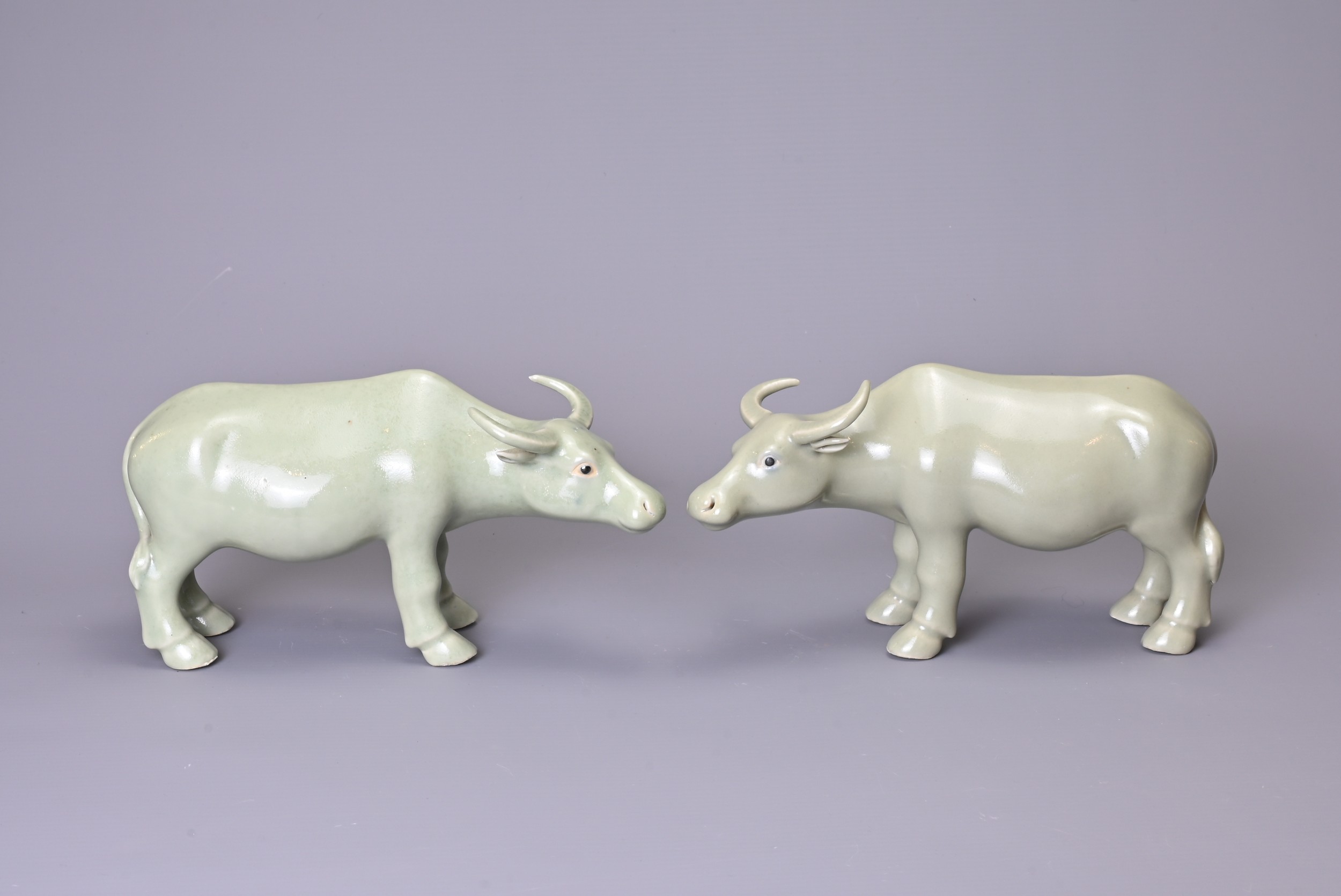 A PAIR OF CHINESE CELADON GLAZED PORCELAIN MODELS OF OX, 20th Century, approx. 21 cm long (2)