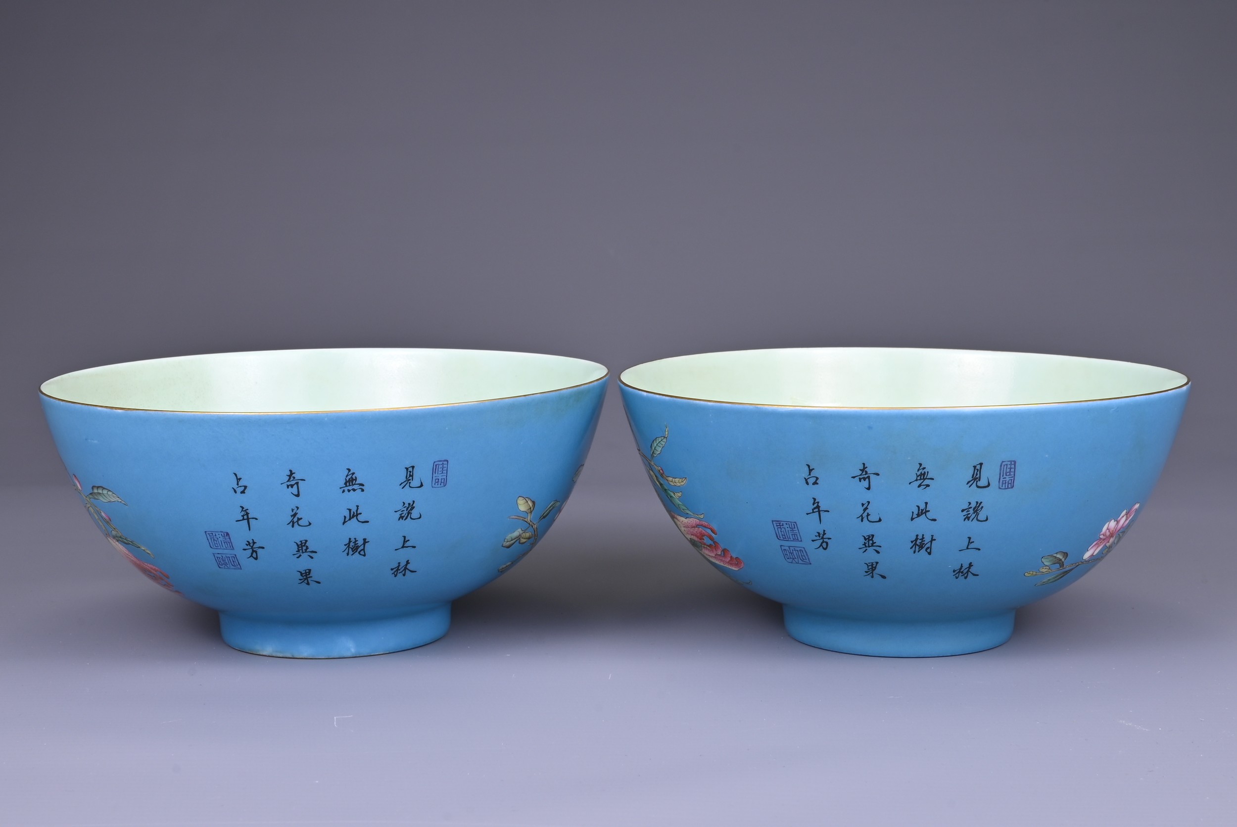 A PAIR OF CHINESE PORCELAIN FAMILLE ROSE AND TURQUOISE GROUND BOWLS, 20TH CENTURY. Each with - Image 2 of 7