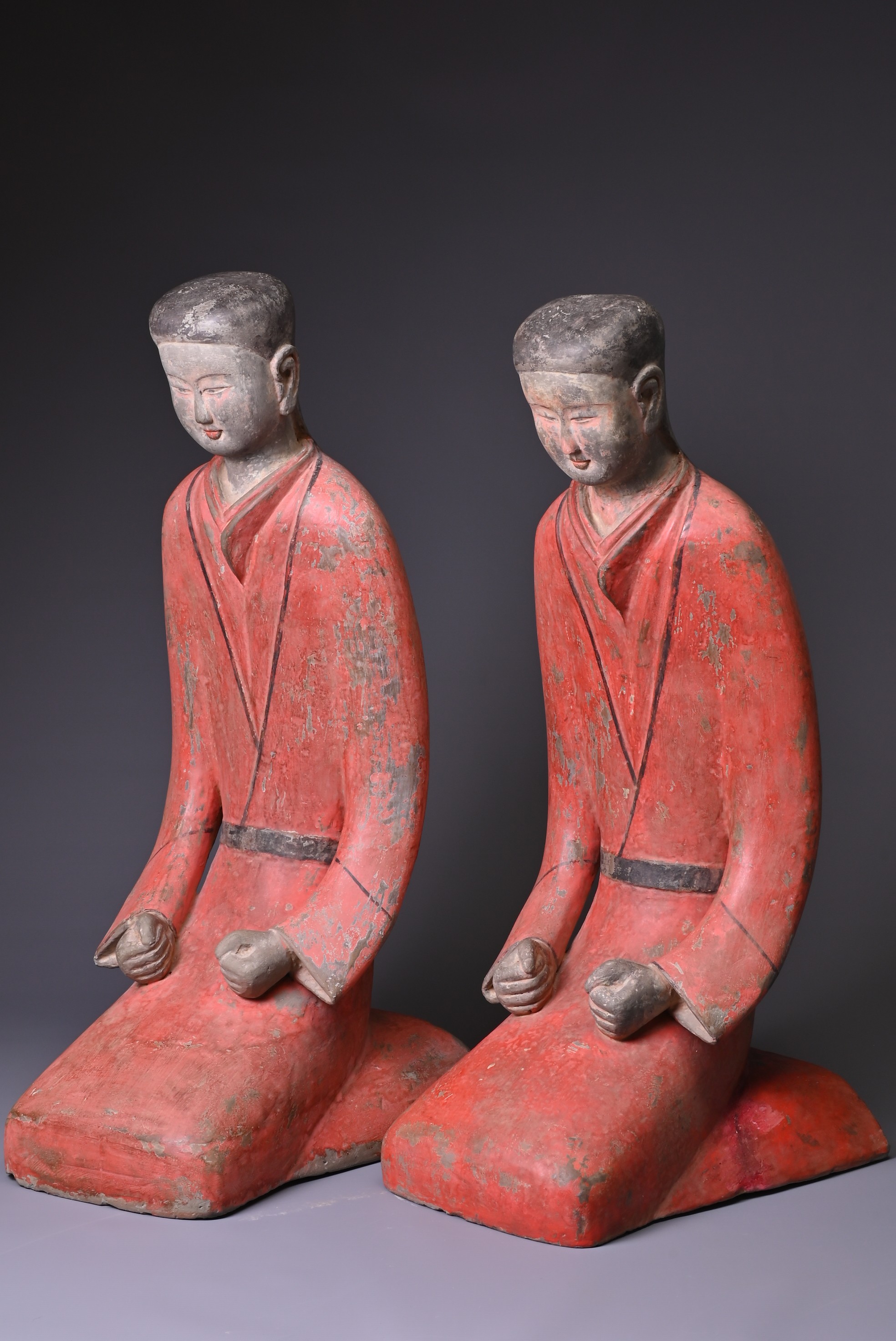 A PAIR OF LARGE CHINESE PAINTED POTTERY FIGURES OF KNEELING WOMEN, TL TESTED OF HAN DYNASTY. Each - Image 7 of 11