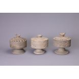 THREE CHINESE GREY POTTERY INCENSE BURNERS, HAN DYNASTY (206BC TO 220AD). Each of cylindrical form
