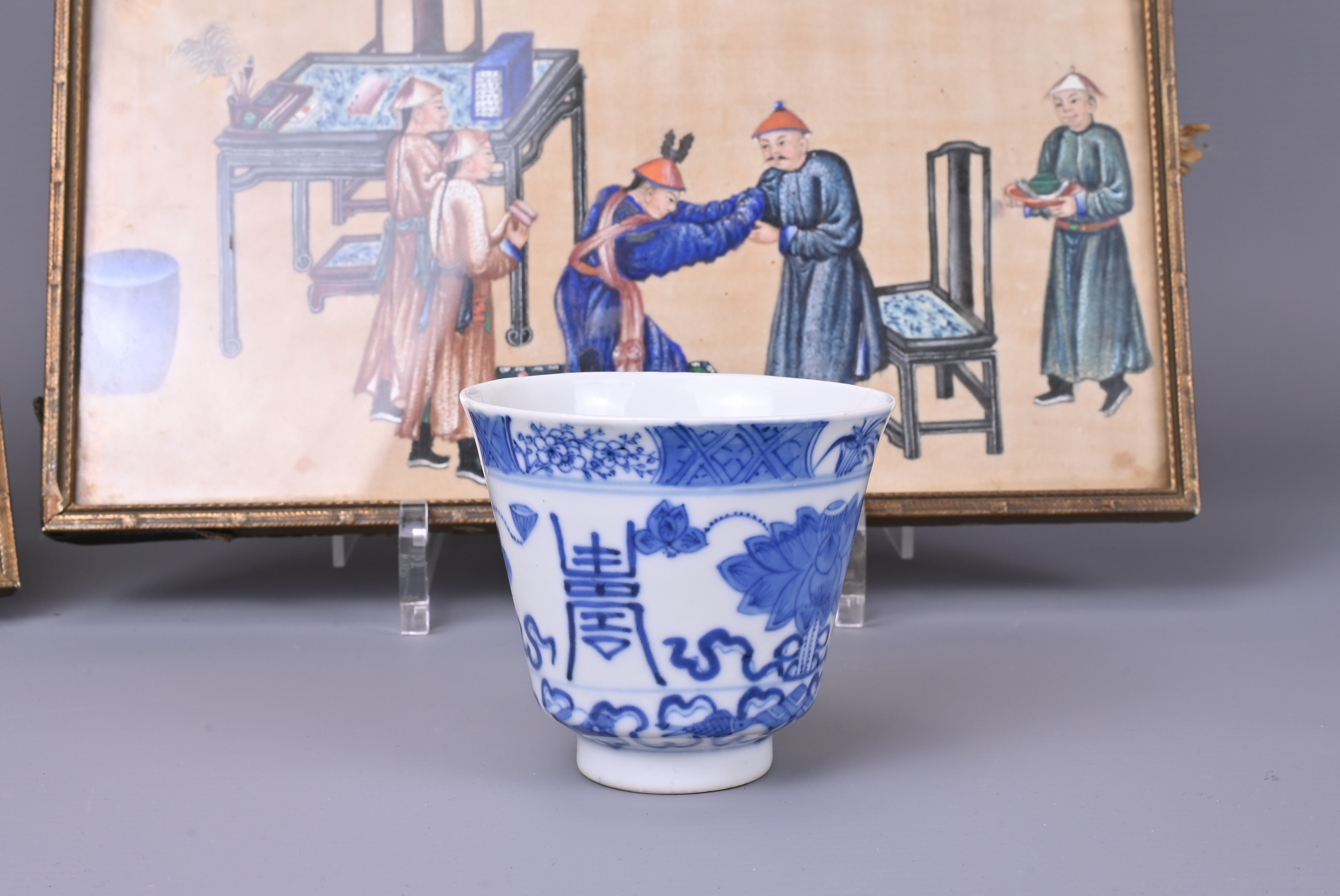 THREE FRAMED CHINESE RICE PAPER PAINTINGS AND A CHINESE PORCELAIN BLUE AND WHITE BEAKER, QING - Image 4 of 6
