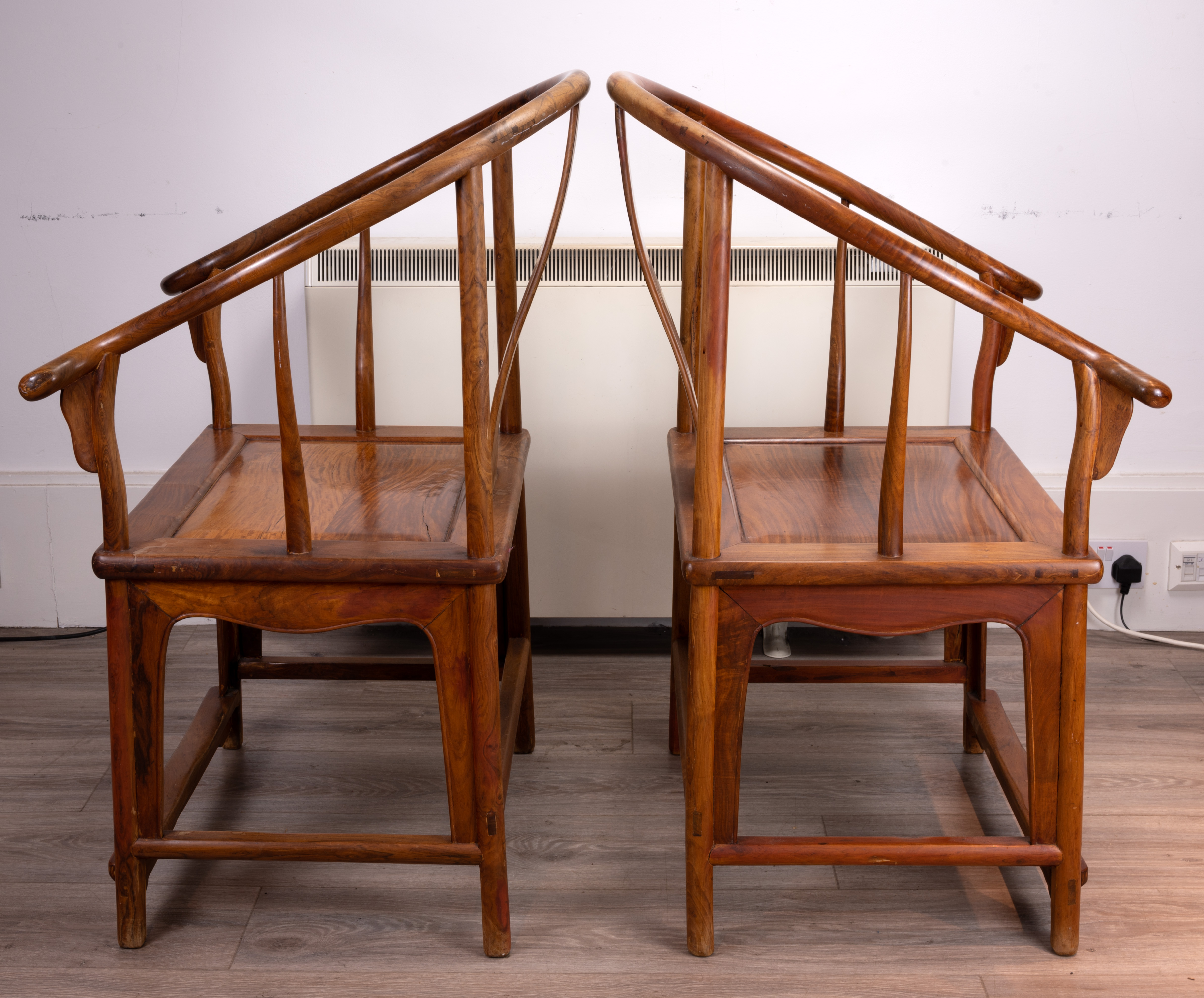 A PAIR OF CHINESE HUANGHUALI HORSESHOE BACK ARMCHAIRS, QUANYI, 20TH CENTURY. A curved top rail of - Image 8 of 11