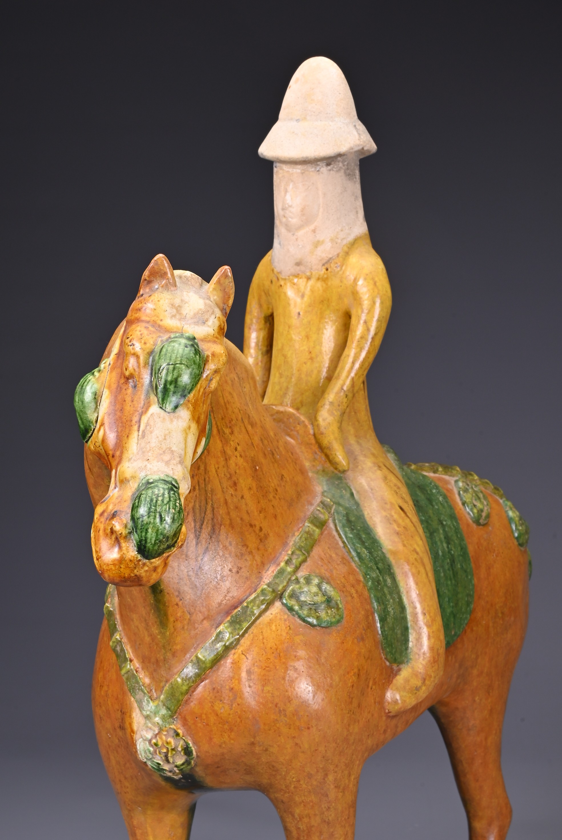 A CHINESE SANCAI GLAZED POTTERY MODEL OF A HORSE AND RIDER, TL TESTED, TANG DYNASTY (AD 618-907). - Image 7 of 8