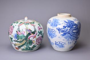 TWO CHINESE PORCELAIN JARS, QING DYNASTY AND LATER. A famille rose jar and cover decorated with