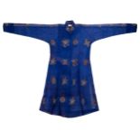 A MID-20TH CENTURY CHINESE BLUE GAUZE SUMMER ROBE. Woven with Shou characters and flower-sprays,