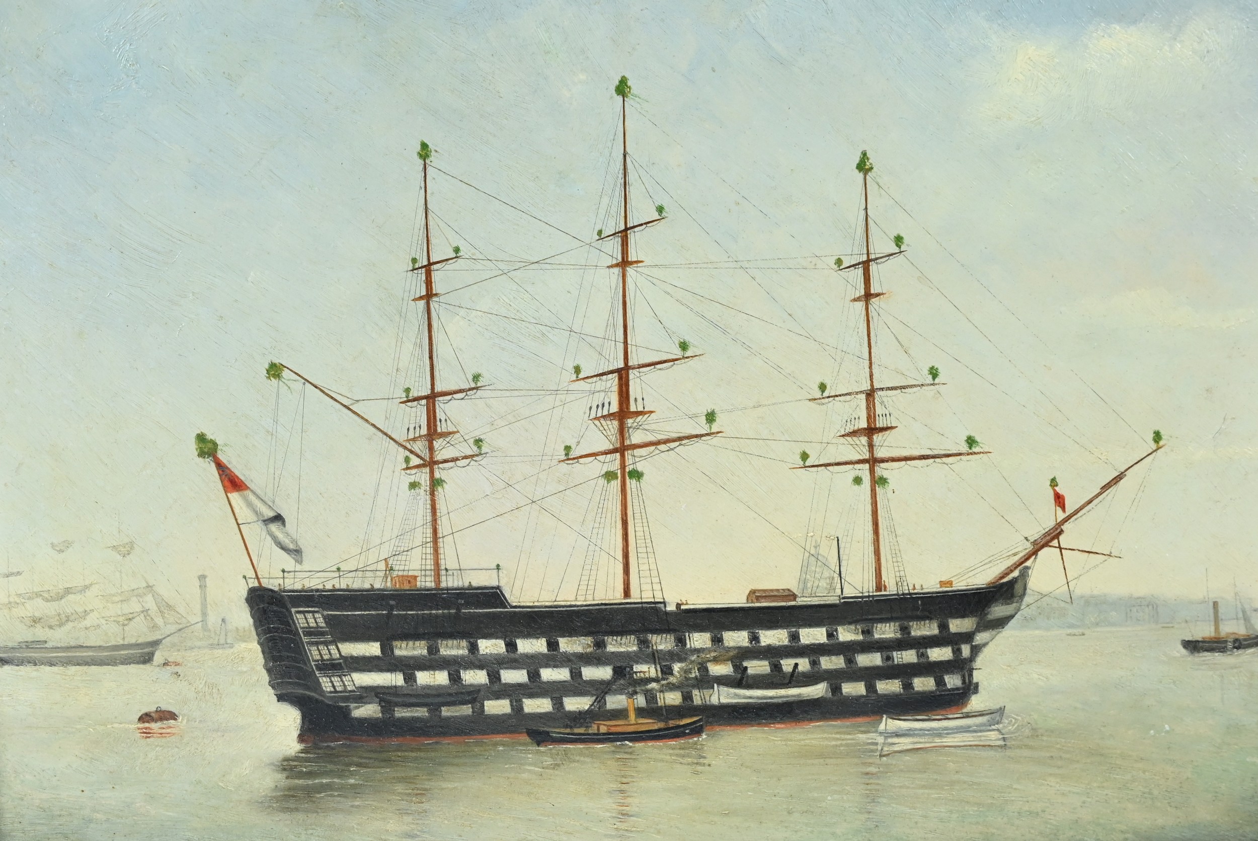 H.E. LOCKE (LATE 19TH/EARLY 20TH CENTURY), NELSON'S SHIP, THE VICTORY, OIL ON BOARD. Signed, - Image 2 of 4