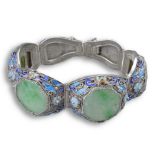 A CHINESE ENAMELLED SILVER FILIGREE JADE BRACELET, 20TH CENTURY. Six panels with four carved jade